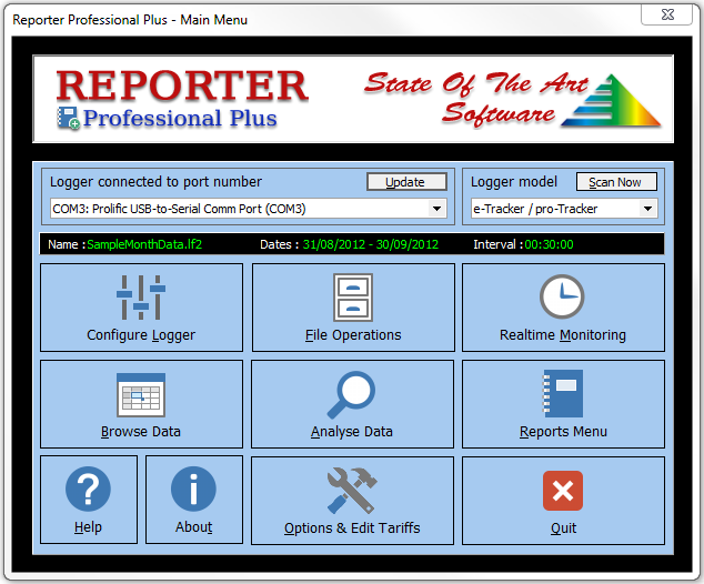 Reporter Professional Plus: simple interface, all options visible at all times